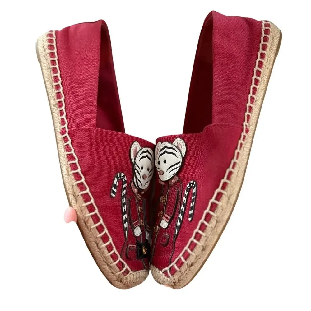 Tory Burch Tilly The Tiger Red Canvas & Leather Slip On Espadrille Flats